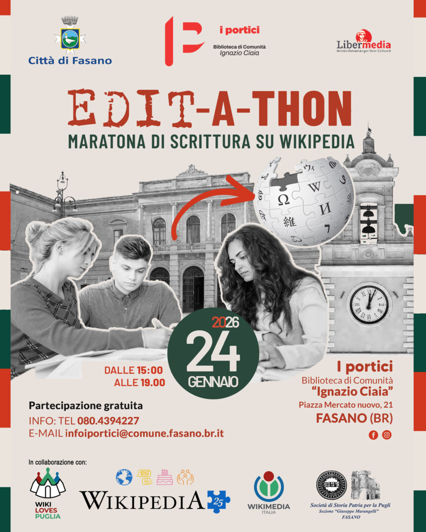 24 gennaio 2026 | Edit-a-thon | Biblioteca I Portici Fasano